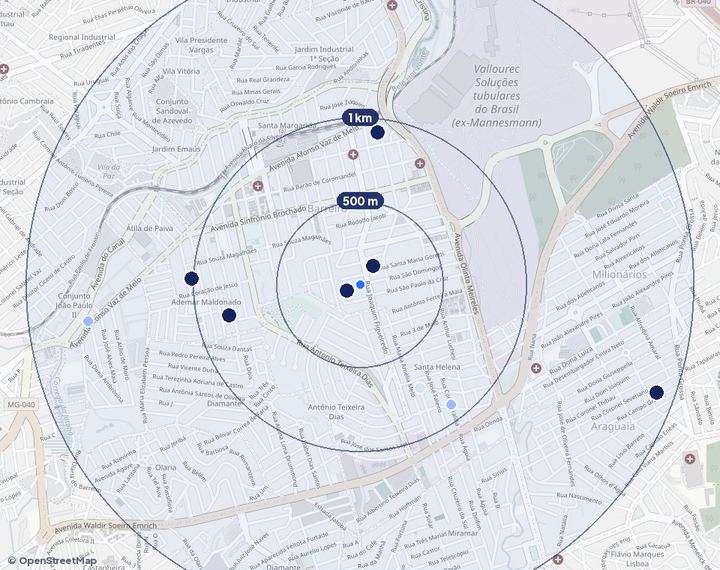 Mapa de Barreiro com os empreendimentos e raios de 500 m, 1 km e 2 km