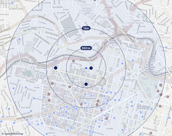 Mapa de Barro Preto com os empreendimentos e raios de 500 m, 1 km e 2 km