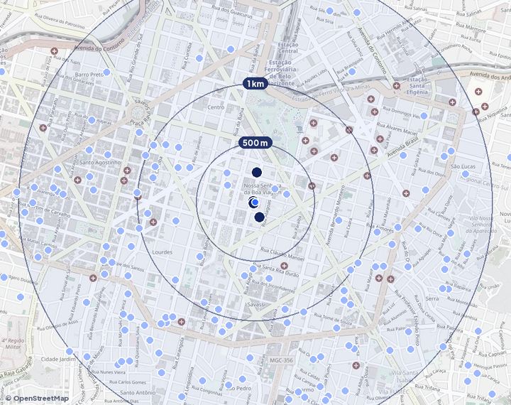 Mapa de Boa Viagem com os empreendimentos e raios de 500 m, 1 km e 2 km
