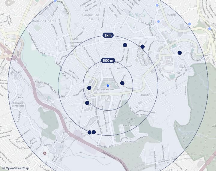 Mapa de Buritis com os empreendimentos e raios de 500 m, 1 km e 2 km