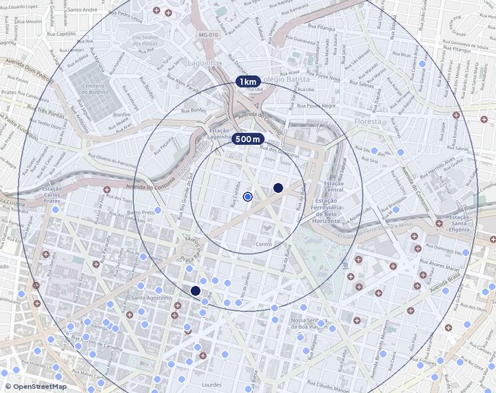 Mapa de Centro com os empreendimentos e raios de 500 m, 1 km e 2 km
