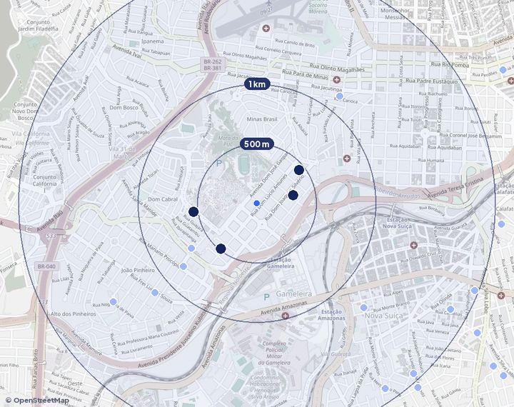 Mapa de Coração Eucarístico com os empreendimentos e raios de 500 m, 1 km e 2 km