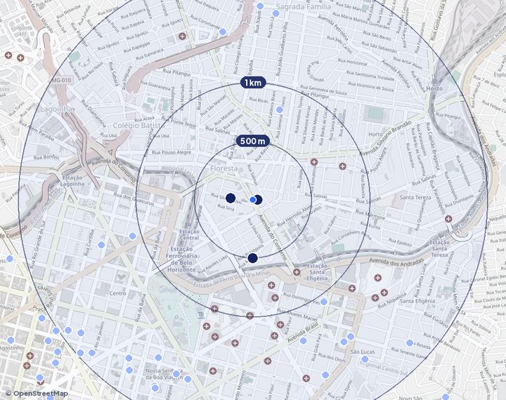 Mapa de Floresta com os empreendimentos e raios de 500 m, 1 km e 2 km