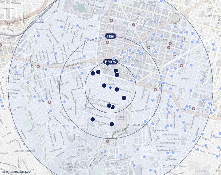 Mapa de Gutierrez com os empreendimentos e raios de 500 m, 1 km e 2 km