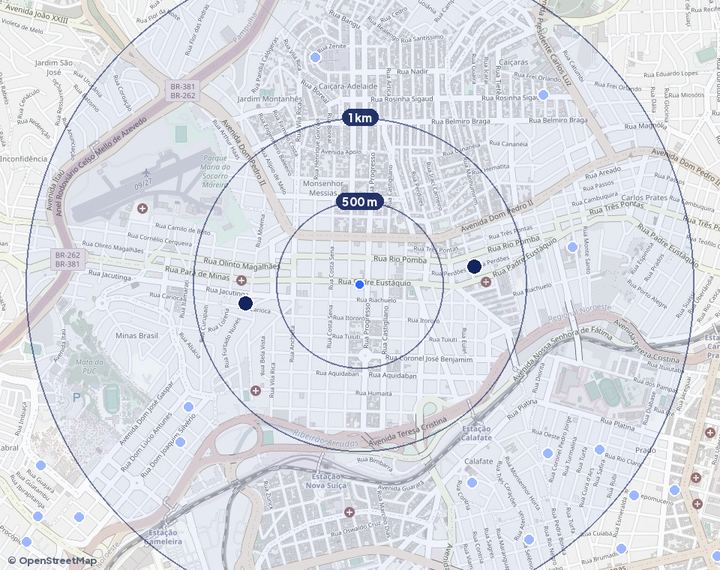 Mapa de Padre Eustáquio com os empreendimentos e raios de 500 m, 1 km e 2 km
