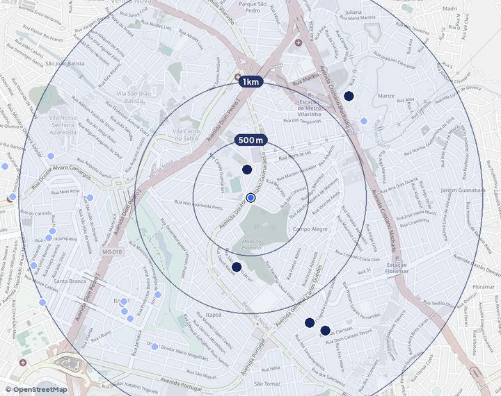 Mapa de Planalto com os empreendimentos e raios de 500 m, 1 km e 2 km