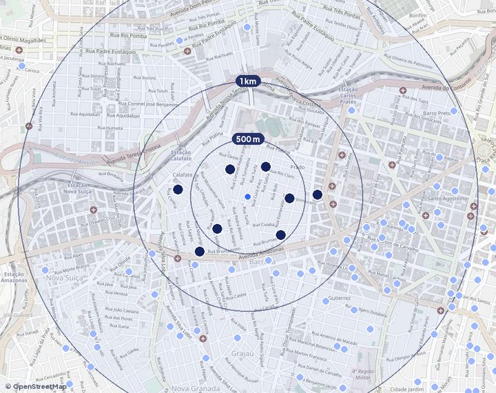 Mapa de Prado com os empreendimentos e raios de 500 m, 1 km e 2 km