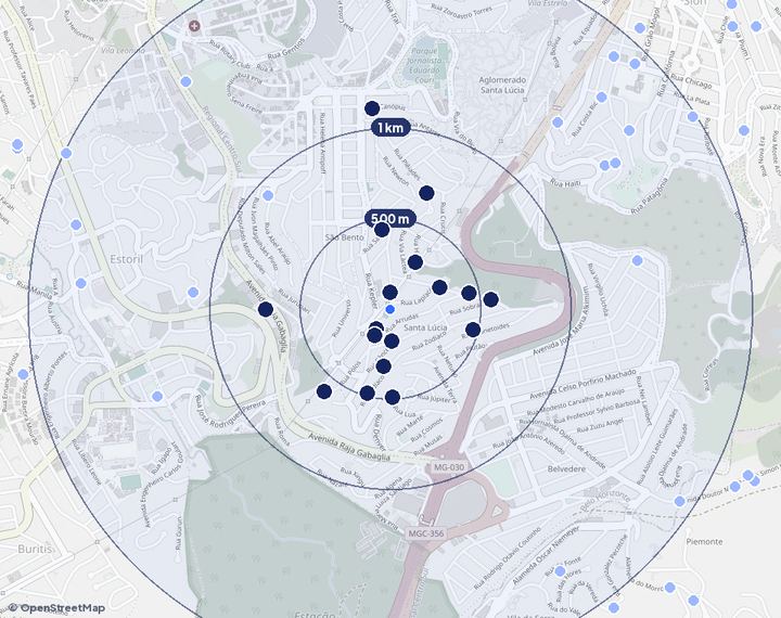Mapa de Santa Lúcia com os empreendimentos e raios de 500 m, 1 km e 2 km