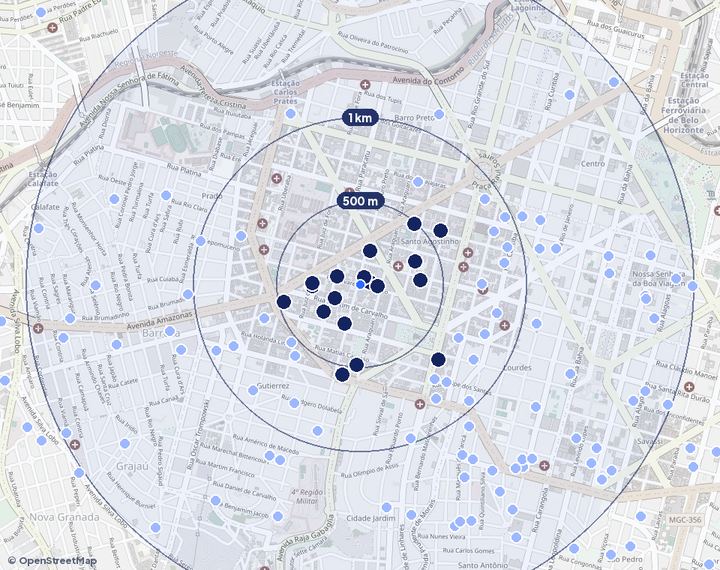 Mapa de Santo Agostinho com os empreendimentos e raios de 500 m, 1 km e 2 km