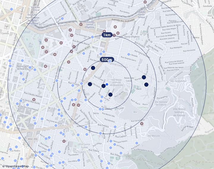 Mapa de São Lucas com os empreendimentos e raios de 500 m, 1 km e 2 km