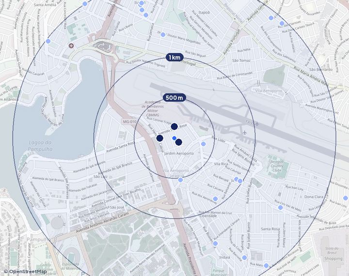 Mapa de São Luiz com os empreendimentos e raios de 500 m, 1 km e 2 km