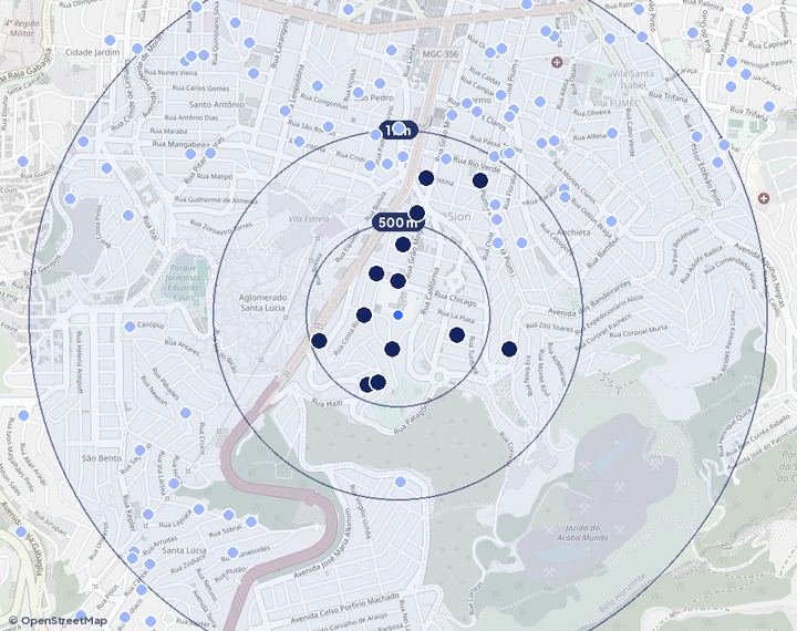Mapa de Sion com os empreendimentos e raios de 500 m, 1 km e 2 km