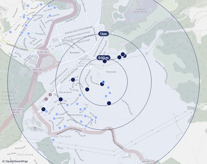 Mapa de Vila da Serra (Nova Lima) com os empreendimentos e raios de 500 m, 1 km e 2 km