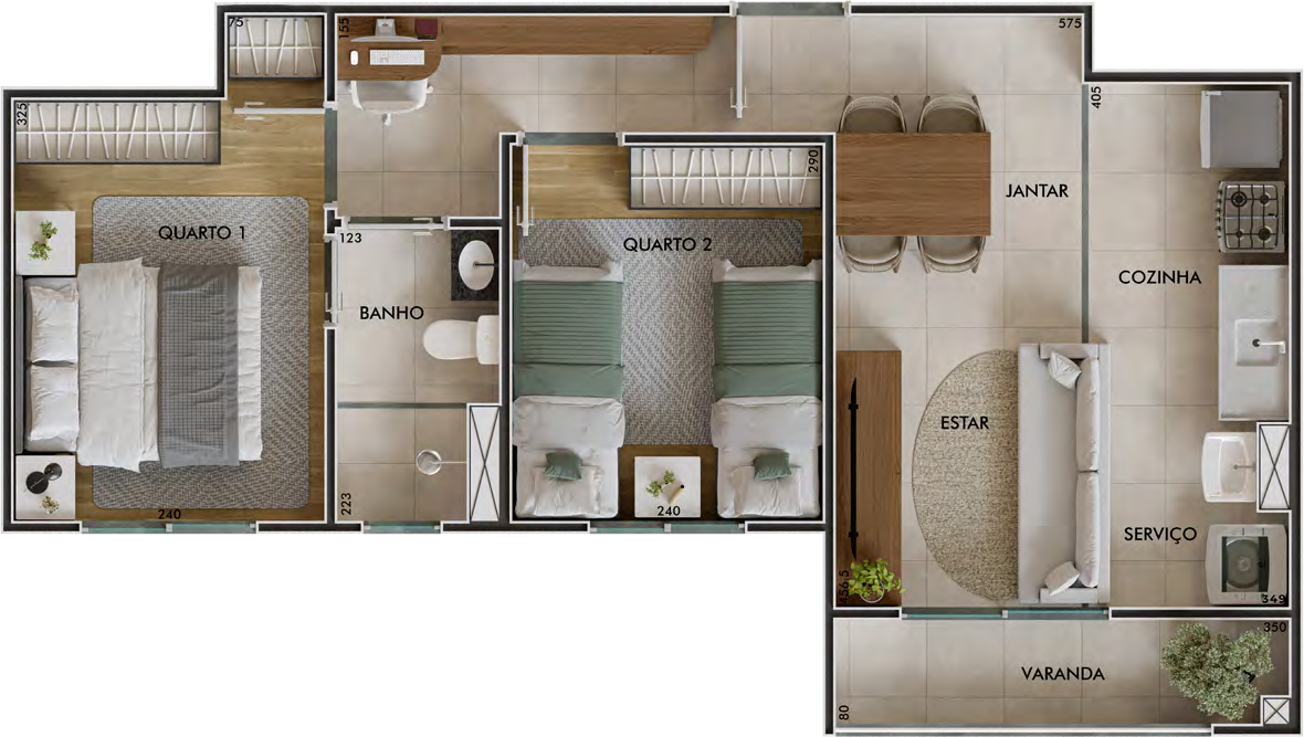 Planta humanizada do apartamento de 2 quartos com suíte e varanda, 44,84 m²