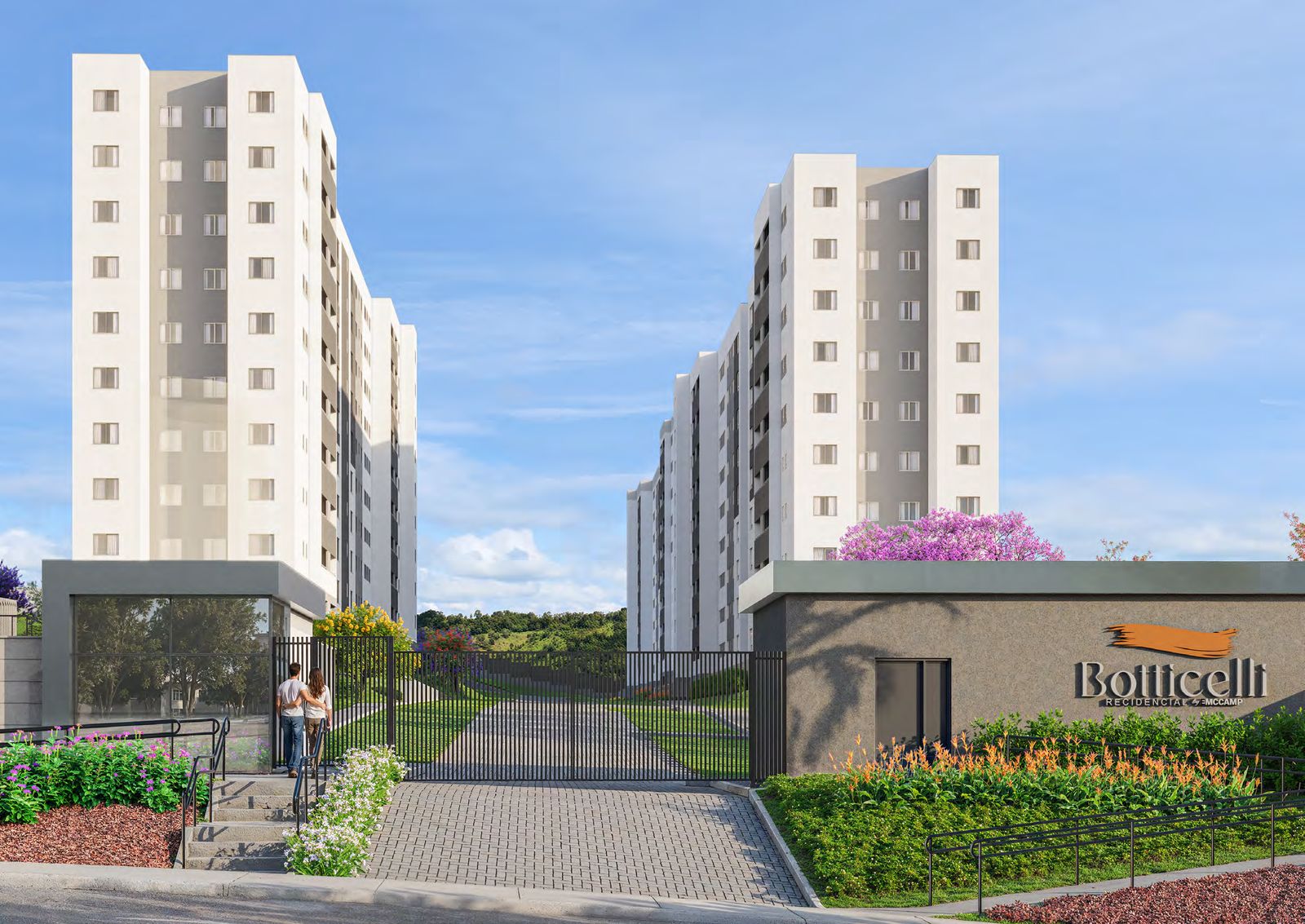 Portaria do Botticelli Residencial com paisagismo e torres ao fundo