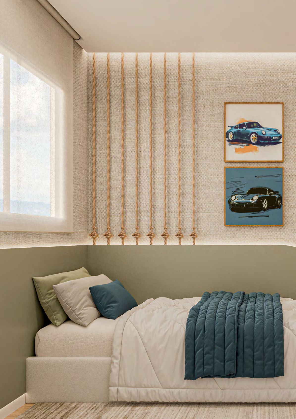 Quarto decorado com cama de solteiro e cabeceira ripada
