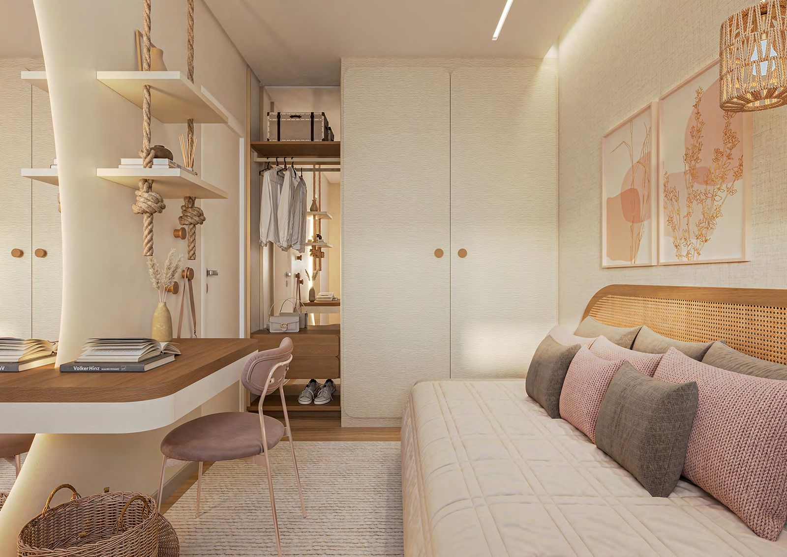 Quarto infantil com cama, prateleiras e escrivaninha